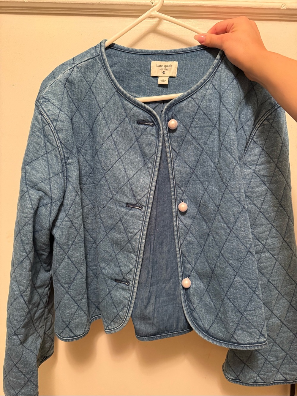 kate spade Quilted Light Blue Denim Jacket with Pearl Buttons